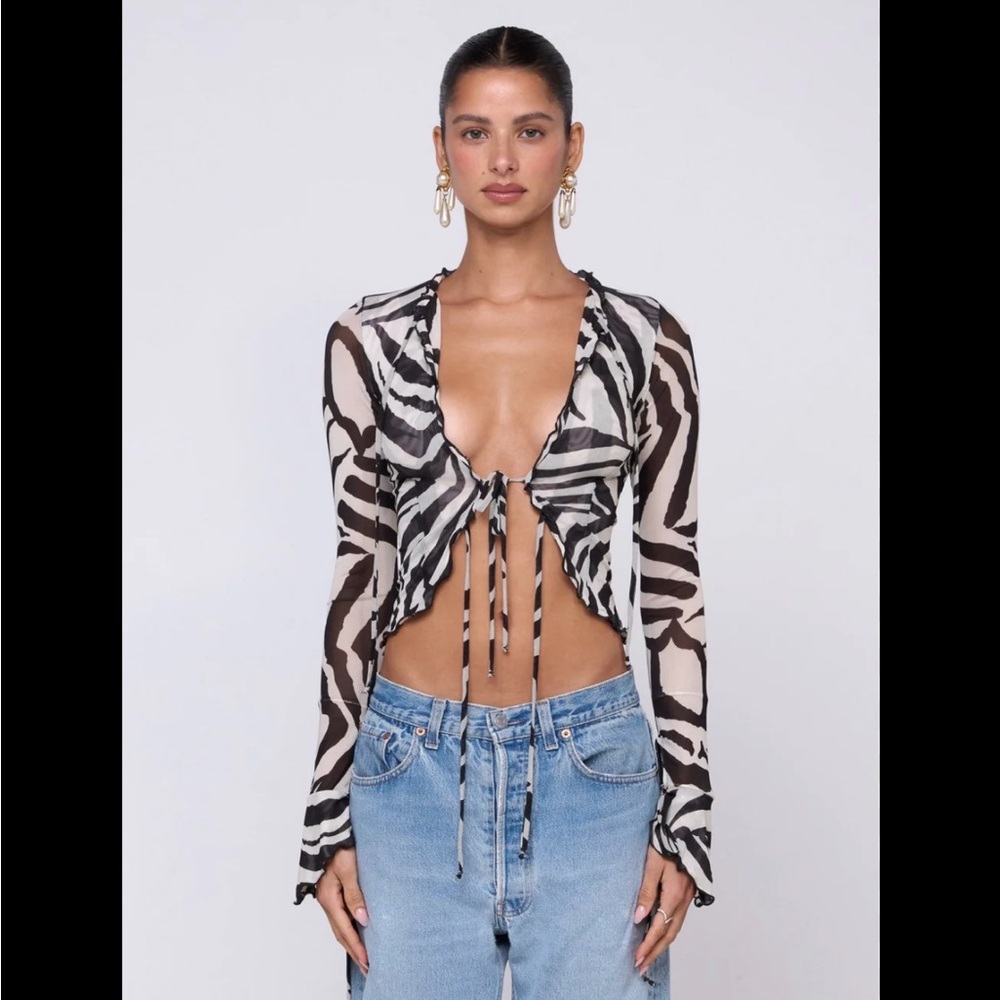 RESA Zebra-Print Tie-Front Long Sleeve Top - Black & Cream